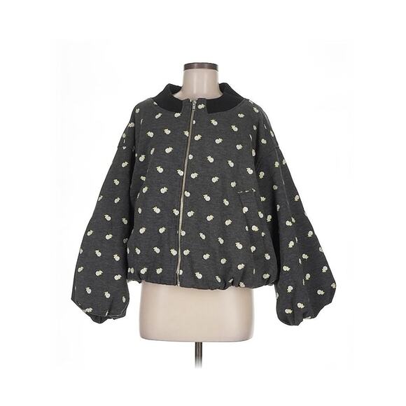 Anthropologie Maeve Embroidered Plush Bubble Coat Grey Floral M - Picture 2 of 5